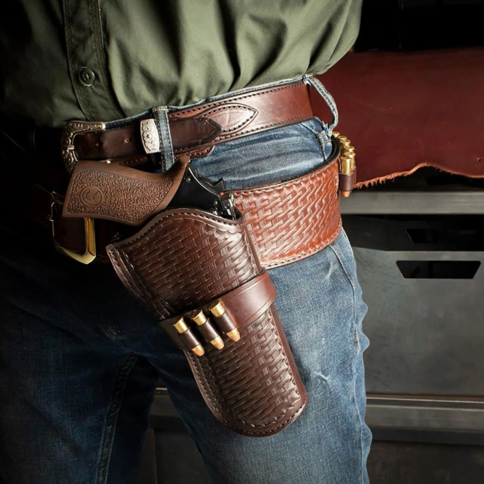 Basket Weave Hand-Carved Leather Gun Belt with Bullet Loops – OWB Cross Draw Western Leather Holster