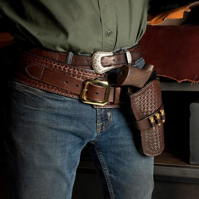 Basket Weave Hand-Carved Leather Gun Belt with Bullet Loops – OWB Cross Draw Western Leather Holster
