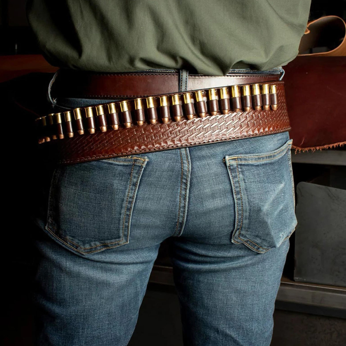 Basket Weave Hand-Carved Leather Gun Belt with Bullet Loops – OWB Cross Draw Western Leather Holster