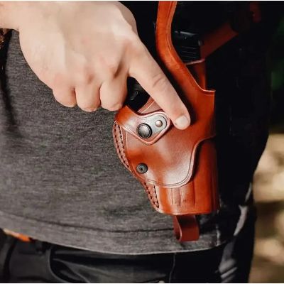 Brown Leather Vertical Roto Shoulder Holster – Double Mag Pouch (Steel Thumb Break)
