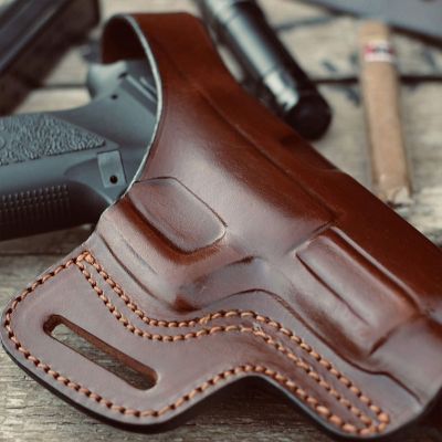 Handcrafted Slim-Design OWB Leather Gun Holster with Belt Loops – Custom Molded for Perfect Fit and Front Security Strap