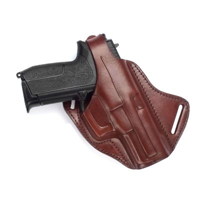 Handcrafted Cross-Draw Brwon Leather Gun Holster - Custom Molded OWB with Steel Reinforced Thumb Break for Perfect Fit & Security