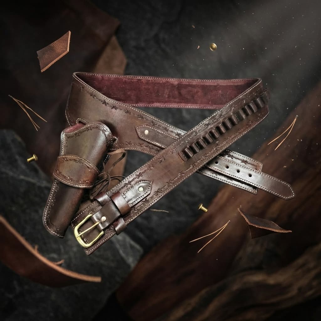 Brown Leather Western Gun Belt With Holster & Ammo Loops